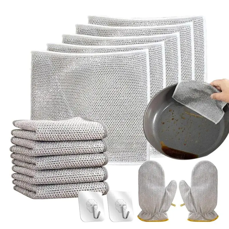 

10PCS Wire Dishwashing Rags Scrub Dish Cloths Kitchen Pan Pot Multifunctional Dish Washing Gloves Cleaning Rag Napery Rags