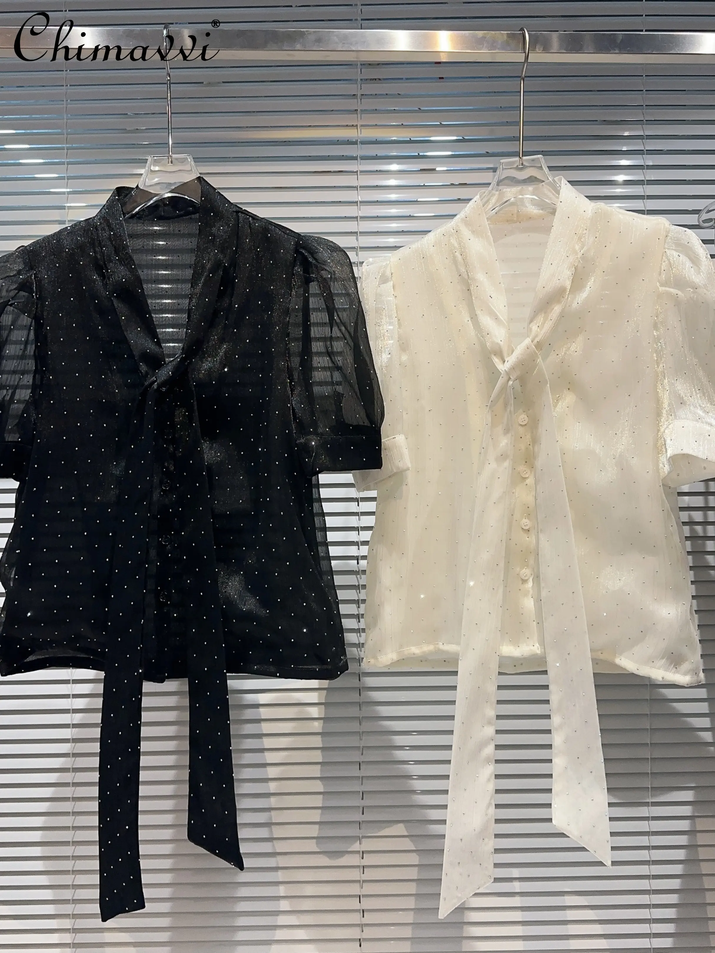 

Women's Shirt 2023 Summer New Elegant Socialite Starry Hot Rhinestone Strap Collar Blouse Fashion Puff Sleeve Gauzy Shirts Tops