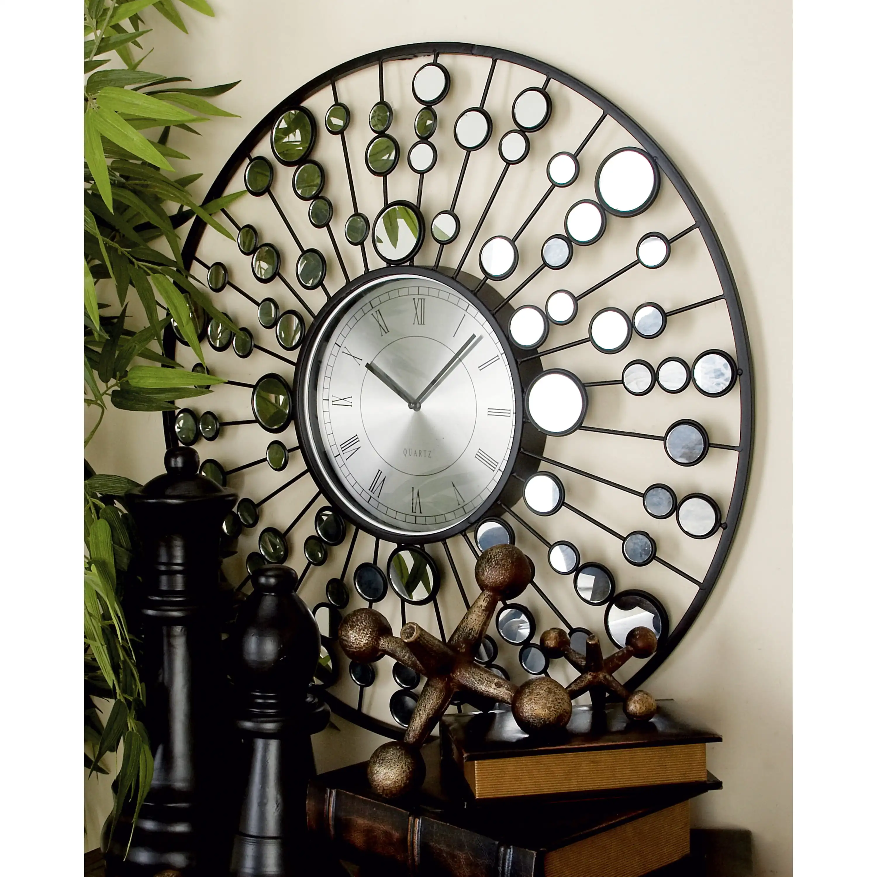 

Free Shipping 26" Black Metal Starburst Radial Wall Clock with Mirrored Accents