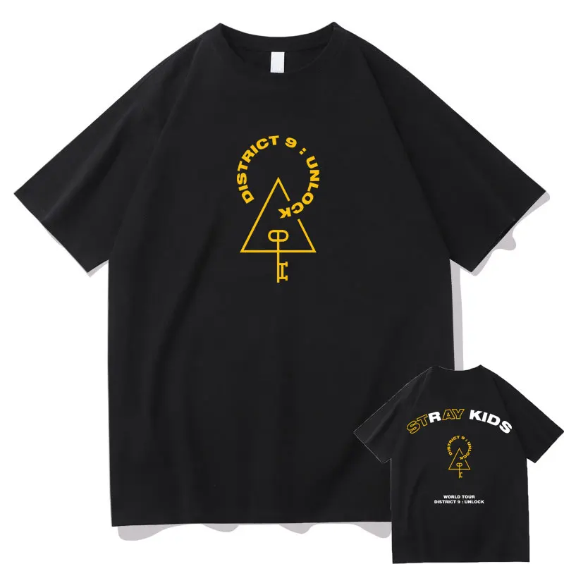 

New Stray Kids Shirt District 9 Unlock Concert Tshirt Men Women Fashion Oversized Hip Hop Street Tee Short Sleeve Cotton T Shirt