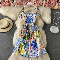 2022 Summer Boho Dress Women's Bow Spaghetti Strap Backless Blue and White Porcelain Floral Print Mini Dress Clothing Robe Femme