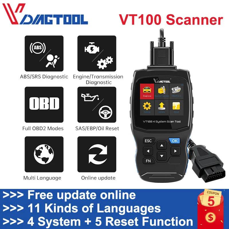 Считыватель кодов VDIAGTOOL VT100 OBD2 сканер для двигателя ABS SRS сброс трансмиссионного
