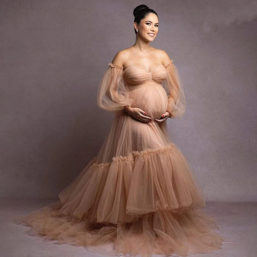 

Elegant Khaki Tulle Maternity Dresses for Photo Shoot Illusion Ruffled Tiered Bridal Pregnant Gowns Photography Babyshower Wear