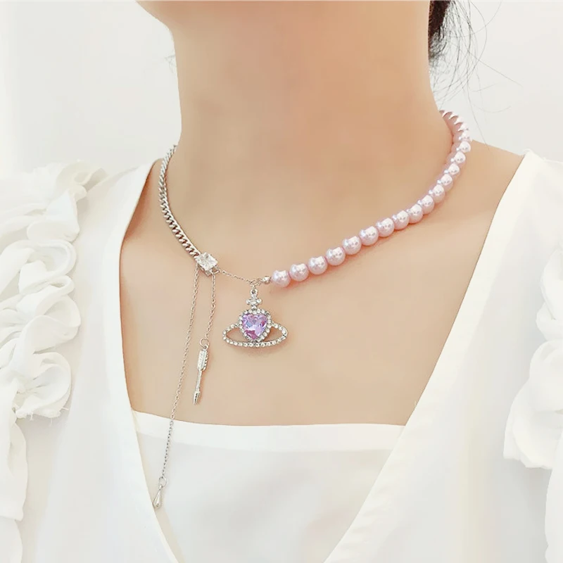 

New Cosmic Heart Rhinestone Planet Purple Pearl Necklace For Girl Fantasy Sweet Pendant Choker Luxury Jewelry For Women collares