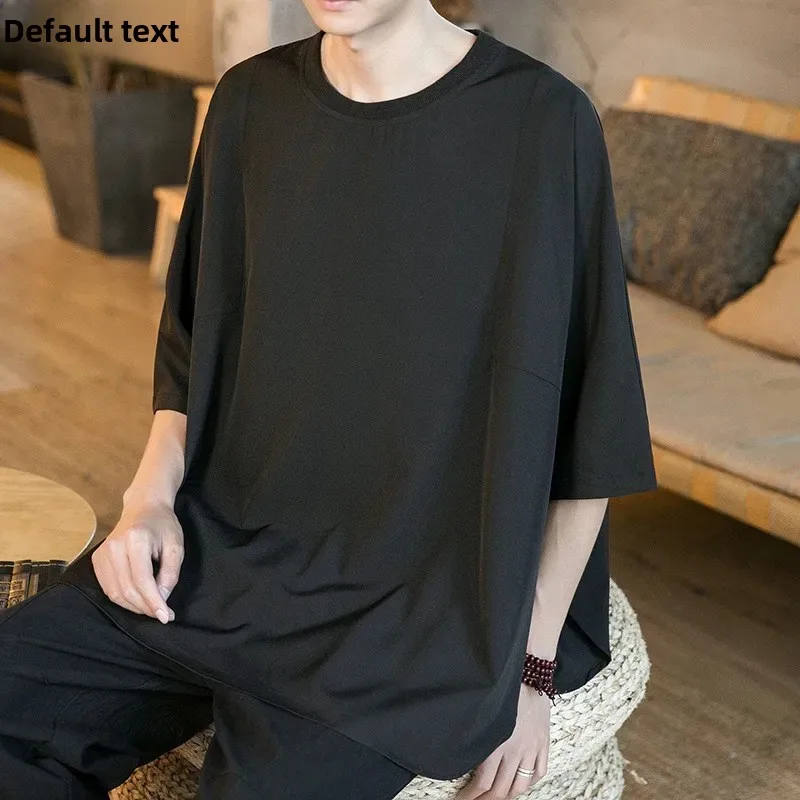 Mountain Born Yesi Dull Black Batwing Sleeved T-Shirt Niche Design SensibilityBottom Side Slitshort Sleeves Draped Ice Silk Body
