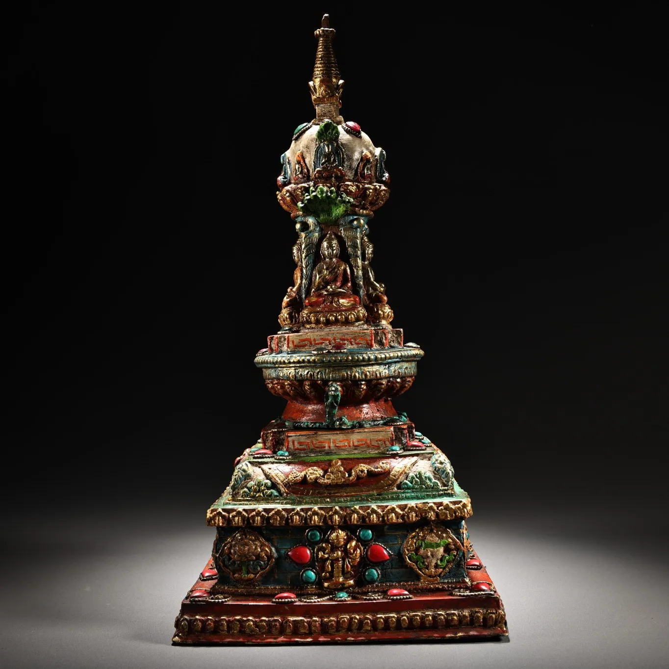 

13"Tibetan Temple Collection Old Bronze Outline in gold Mosaic Gem Turquoise Four sided Shakyamuni Pagoda Stupa Worship Hall