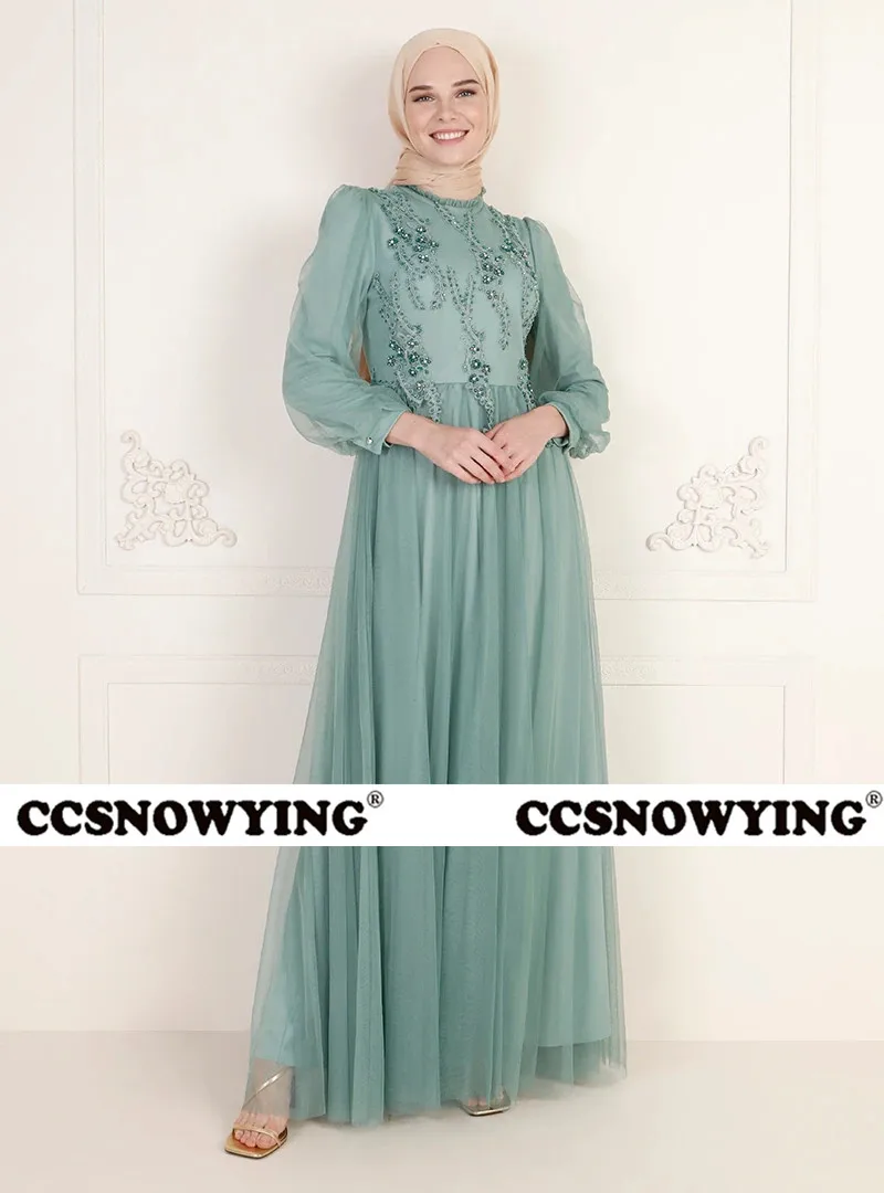 

Full Sleeve Islamic Evening Dresses High Neck Tulle Appliques Muslim Formal Party Gowns Arabic Dubai Kaftan Robe De Soiree