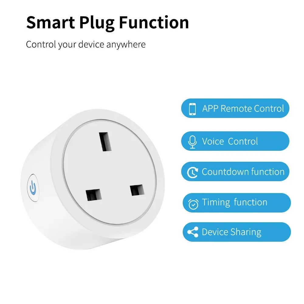 Tuya WiFi 16A/20A UK Smart Plug Мини-умная розетка Дистанционное голосовое управление с