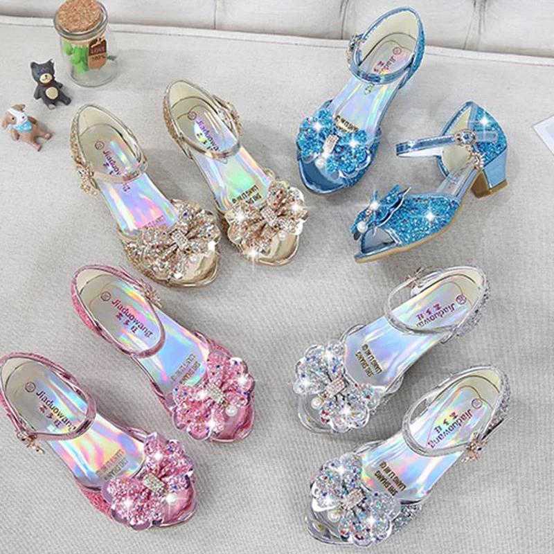 

Princess Kids Leather Shoes for Girls Flower Casual Glitter Children High Heel Girls Shoes Butterfly Knot Blue Pink Silver