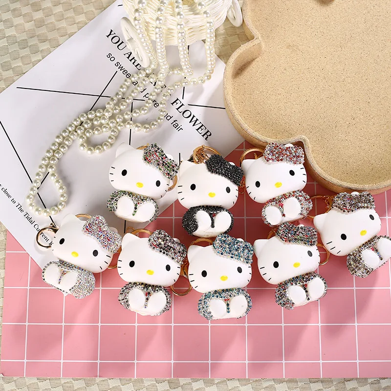 

Алмазный брелок для ключей Hello Kitty, автомобильный брелок для ключей, креативный милый Sanrio, мультяшное животное, стеклянный брелок для сумки, милые аксессуары
