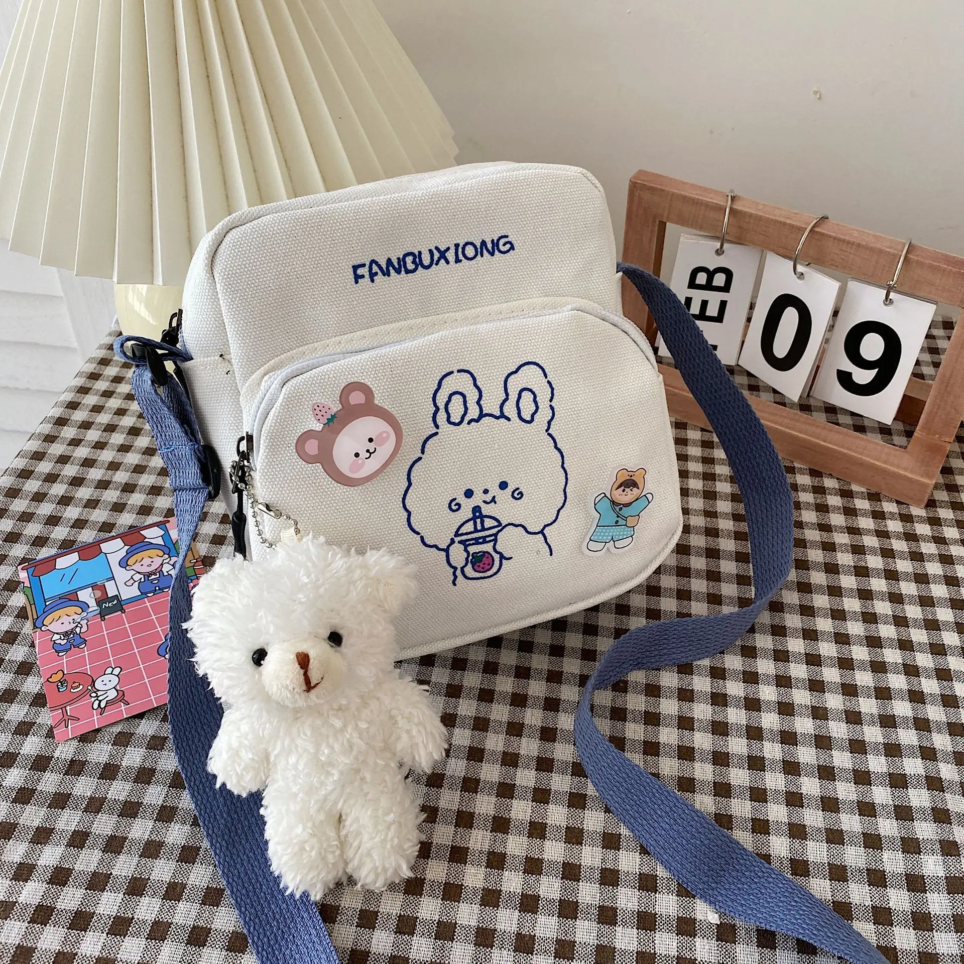 

Small Women Canvas Shoulder Bags Korean Cartoon Print Fashion Bear Rabbit Mini Cloth Handbags Phone Crossbody Bag for Cute Girl