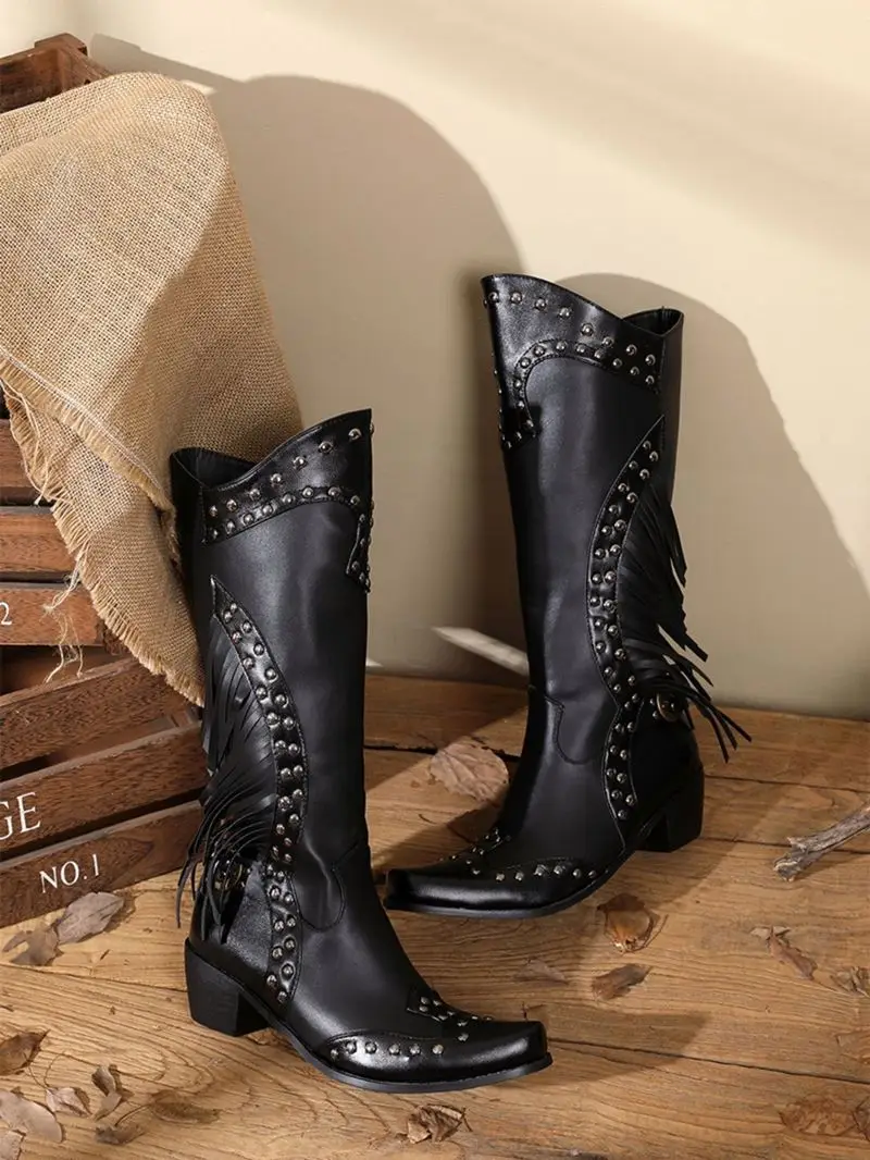 Уникальные рыцарские винтажные Ковбойские Сапоги выше колена с бахромой на