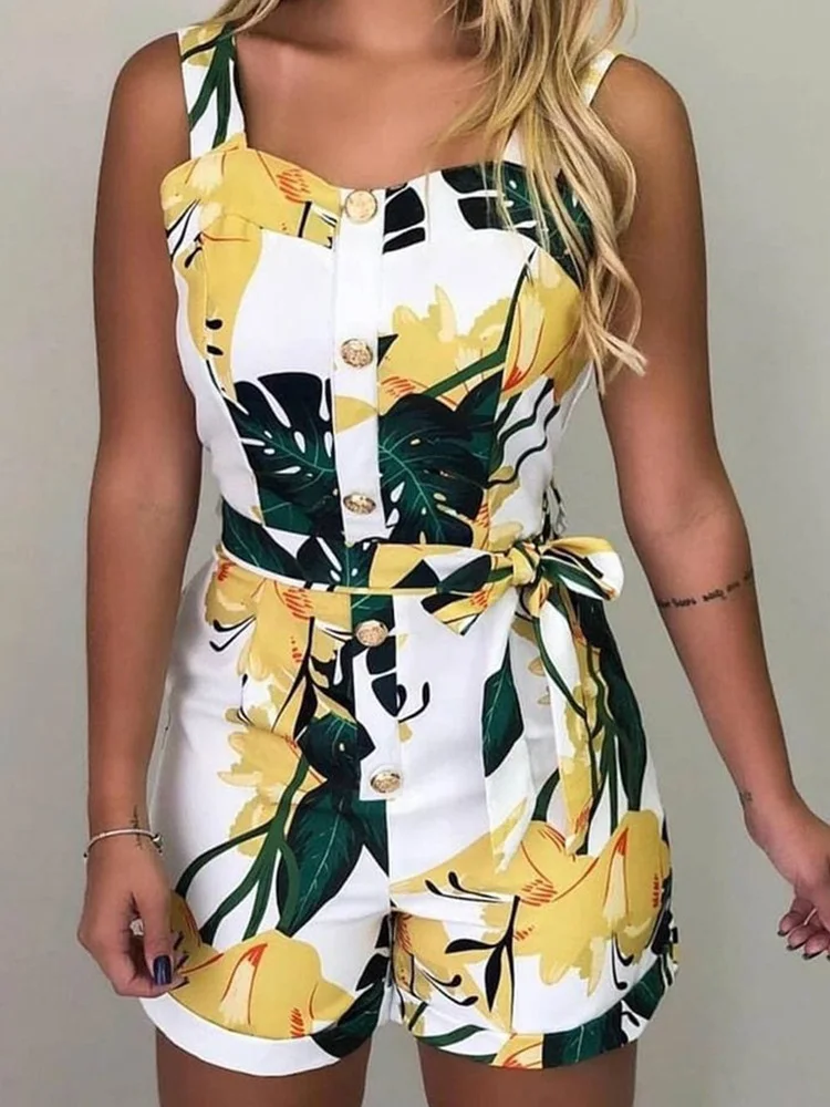 

Seedtotree Sleeveless Print Buttoned Design Rompers Women Playsuits Thick Strap Casual Slim Summer One Piece Overalls