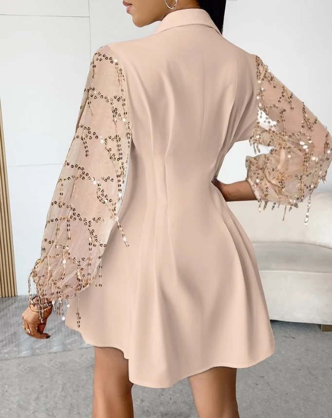 Женское Сетчатое платье-рубашка с блестками и бахромой длинное Повседневное