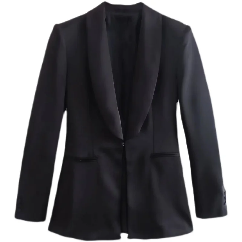 2022 autumn new women's fashion temperament black silk satin texture slim long-sleeved suit jacket