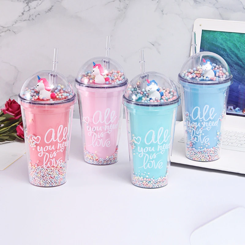 LED Logo Double-layer Plastic Cup with Straw for Students, Suitable for Summer Cooling and Scenic Design  Bottle Water