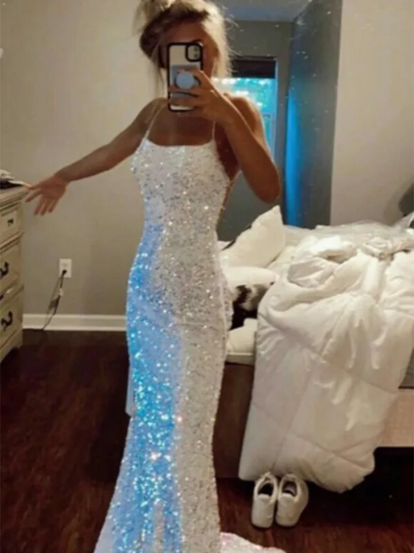

Shiny Sequin Mermaid Evening Dress Sexy Spaghetti Strap Sleeveless Long vestidos de fiesta elegantes para mujer 2023