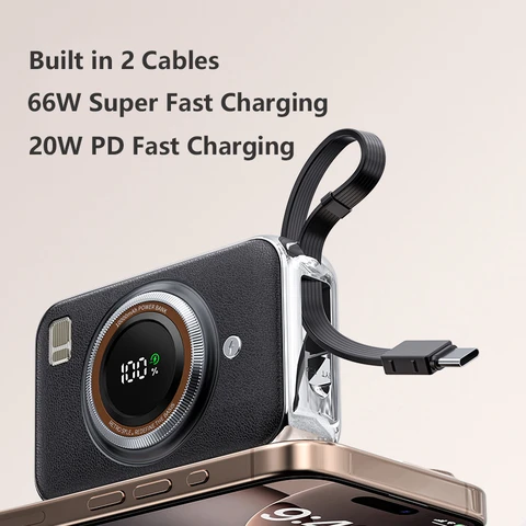 66 Вт Power Bank с быстрой зарядкой 10000 мАч Портативное зарядное устройство Powerbank с кабелем PD20W Type C для iPhone 16 15 Запасной аккумулятор Samsung