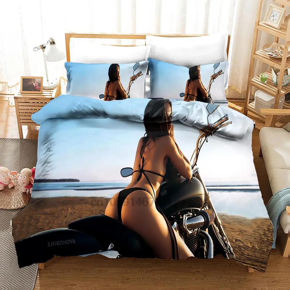 

Sexy Motorcycle Women Bedding Set Duvet Cover Pillowcase Beach Bikini Bed Cover Adults Bedroom Decor Home Textiles