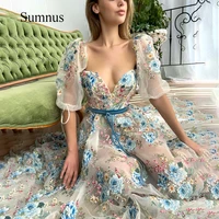 colorful flower appliques prom dresses short sleeve side split a line sweetheart homecmoing gowns ribbon bow graduation dress