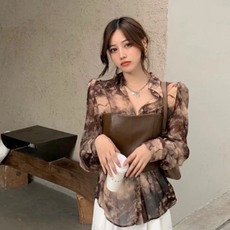 

Шифоновая рубашка Tie-dye с градиентной чернильной росписью, кожаная кофта, костюм из двух частей (заказывайте отдельно)