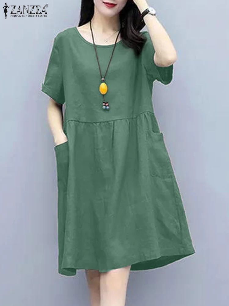 

2023 ZANZEA Fashion Short Sleeve Dress Summer Elegant Street Sundress Woman Vintage OL Office Dresses Female Casual Cotton Robe