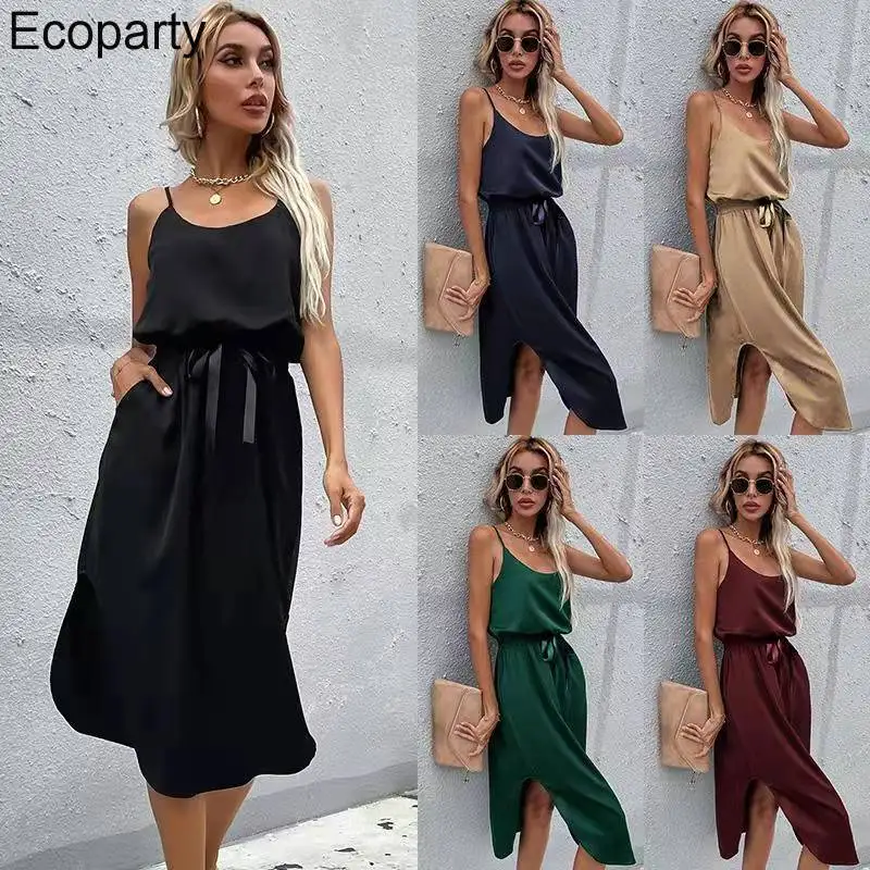 

2022 Fashion Spring Summer New Waist Lace Up Skirt Solid Color Casual Split Suspender Dresses for Women Sexy Dress Green Black20