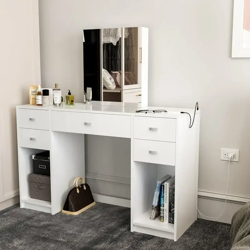 

Candace White Painted Vanity Table, Lights, USB Port for Bedroom
