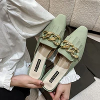 women mules slippers new 2022 summer metal chain pointed toe tassel sandals ladies fashion outdoor flat white shoes plus size 43
