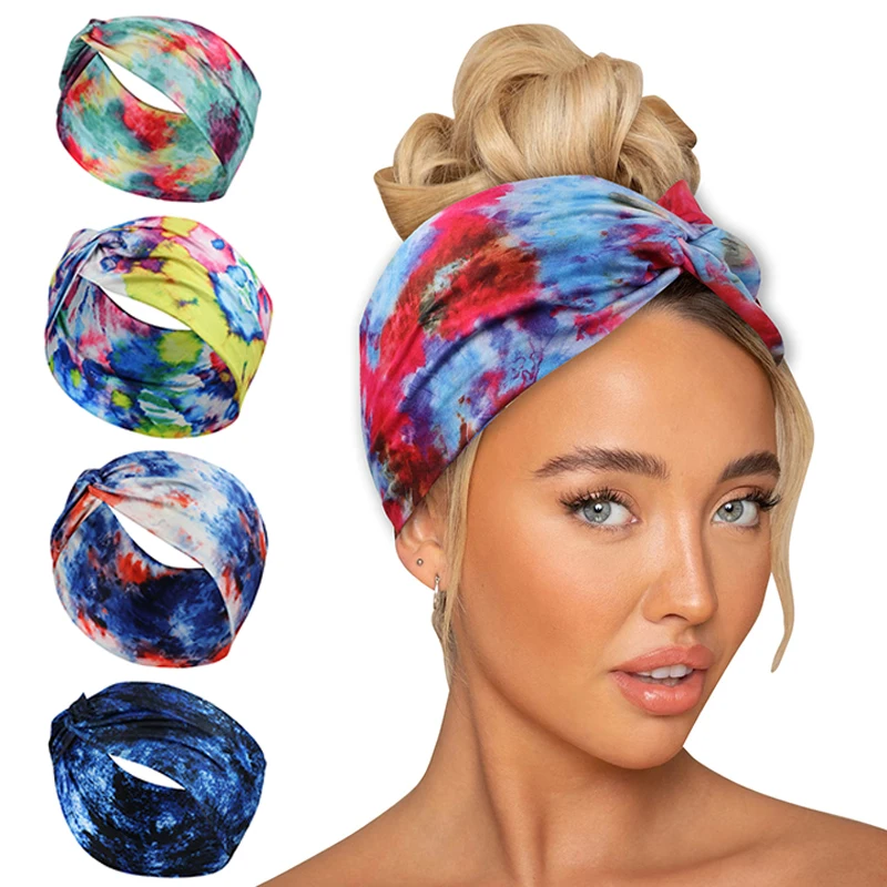 

2023 New Tie Dye Wide Knotted Headbands for Women Fitness Elastic Sports Female Yoga Turban Running Sport Ladies Hair Band