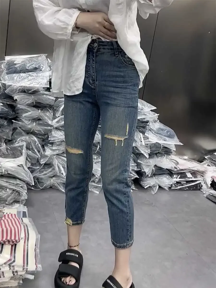 Женские джинсы Y2k рваные узкие скинни женские эластичные брюки больших размеров