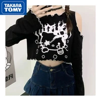 takara tomy spring and summer hello kitty girl new dark loose cartoon print short long sleeved horn sleeved leaking shoulder top