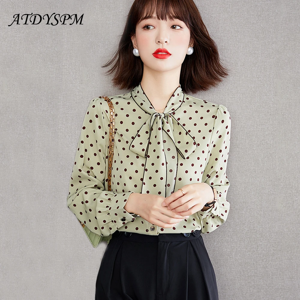 Женская блузка с длинным рукавом элегантная офисная рубашка в горошек бантом на