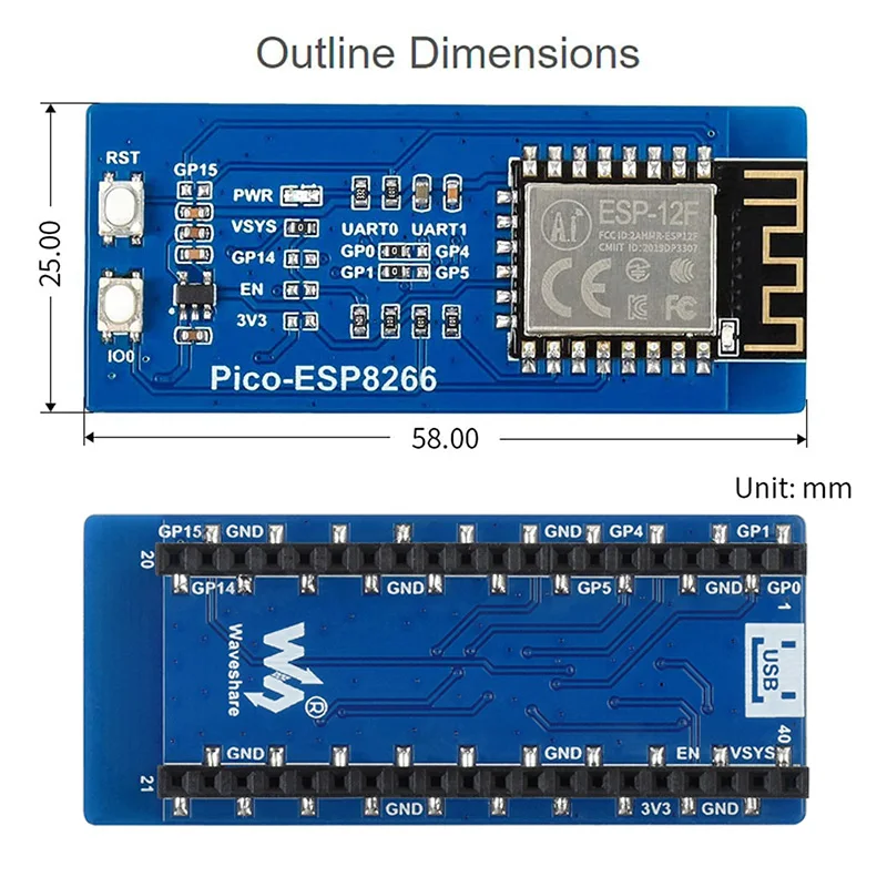 ESP8266 модуль Wi-Fi для Raspberry Pi Pico поддерживает STA AP + режим TCP/UDP |
