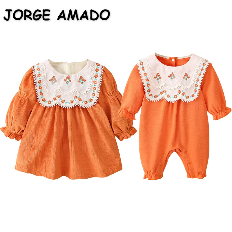 

Autumn Family Matching Clothes Long Sleeves Orange Romper+Princess Embroidery Dress Fleece Daughter Sister Twins Outfits E9359