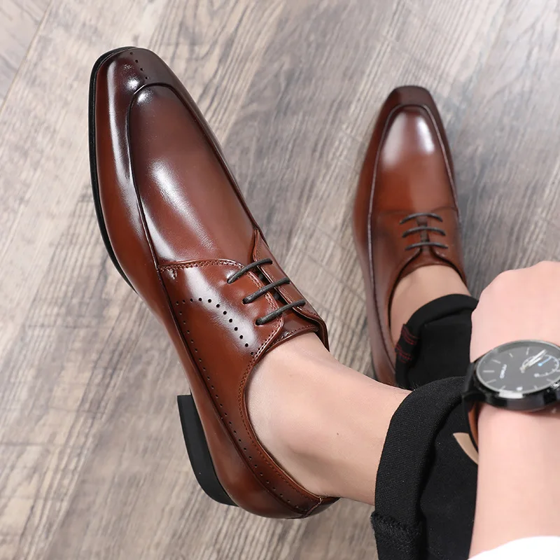 Мужские деловые туфли натуральная кожа на шнуровке однотонные модные