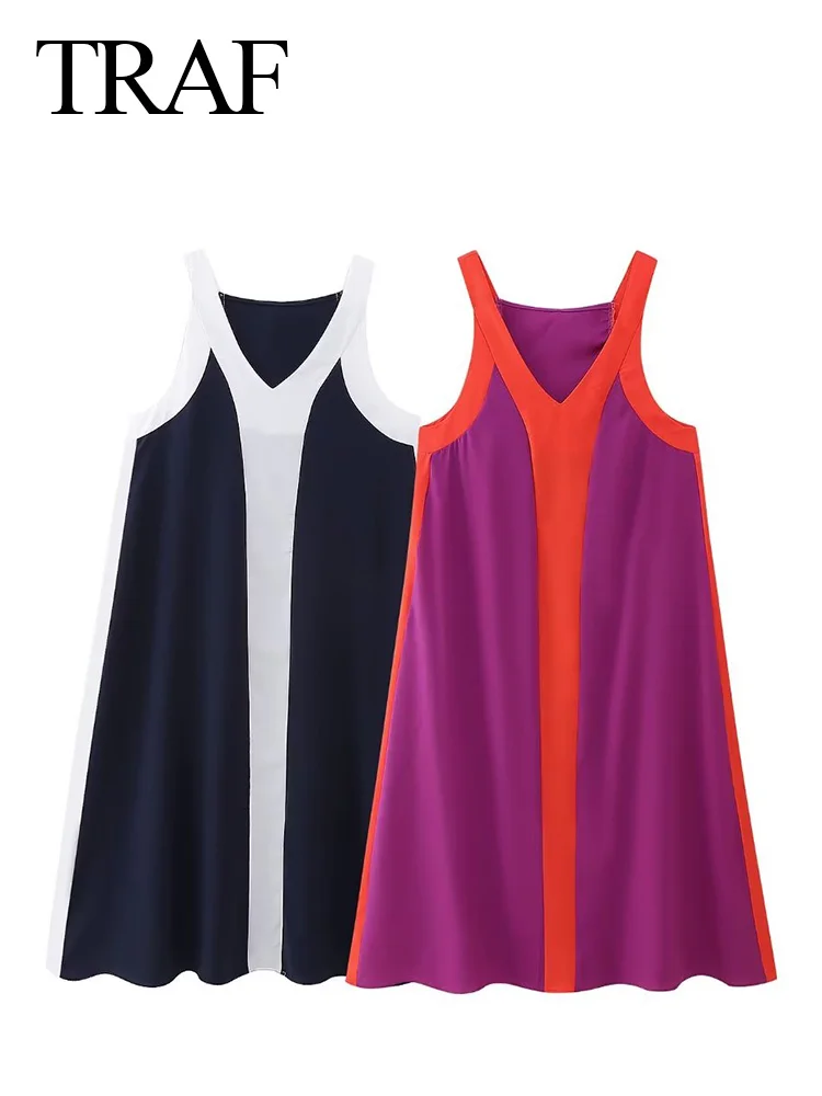 

TRAF 2023 Summer Women Elegant V-neck Loose A-line Patchwork Dresses Feminino Casual Loose Long Dress For Party Mujer Vestidos