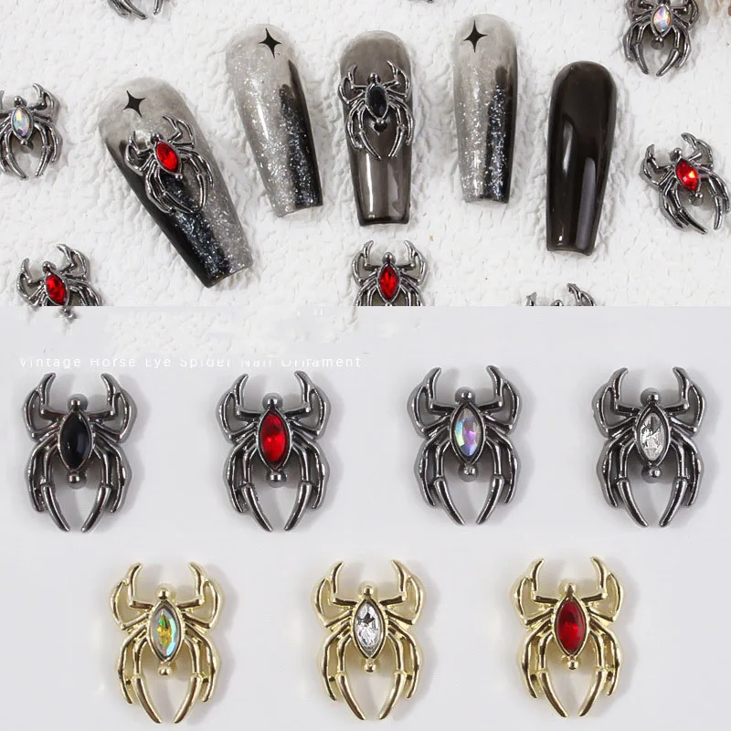 

Металлический золотистый Темный ноготь в виде паука, блестящие детали из готического сплава с бриллиантами для Хэллоуина, драгоценные камни, украшения, искусственные кристаллы