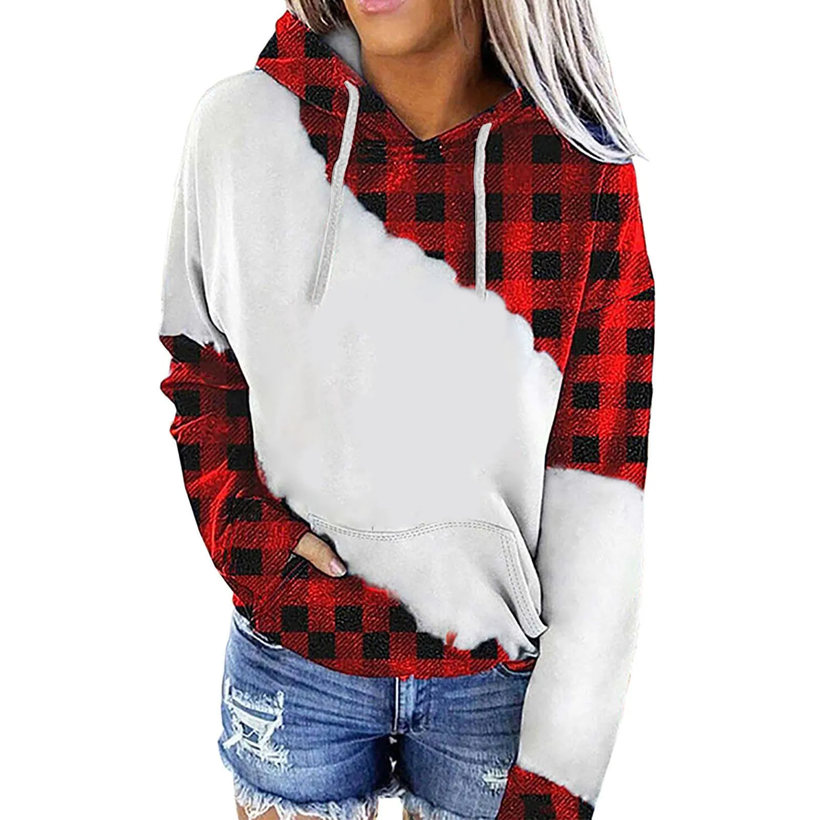 

Ladies Christmas Printed Color Block Hooded Long Sleeve Pullover Casual Sweatshirt Top Temperament Warm Mock Neck Tee Shirt