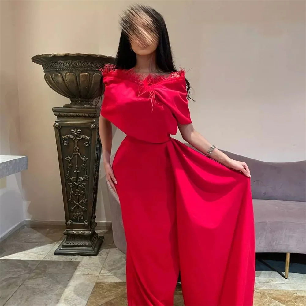 

VD Saudi Arabia Women Wear Vestidos Prom Dresses with Feathers Off Shoulder Wedding Party Guest Dress Long Maid of Honor Gowns
