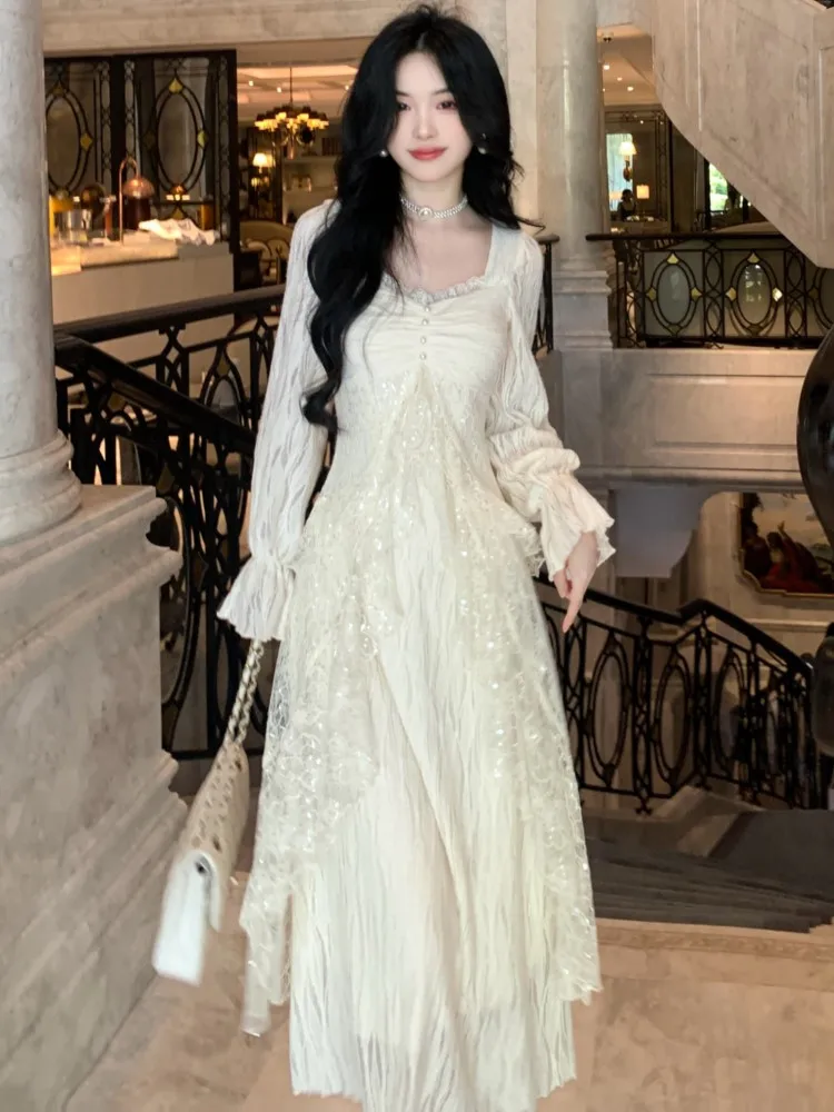 Женское однотонное платье феи с оборками