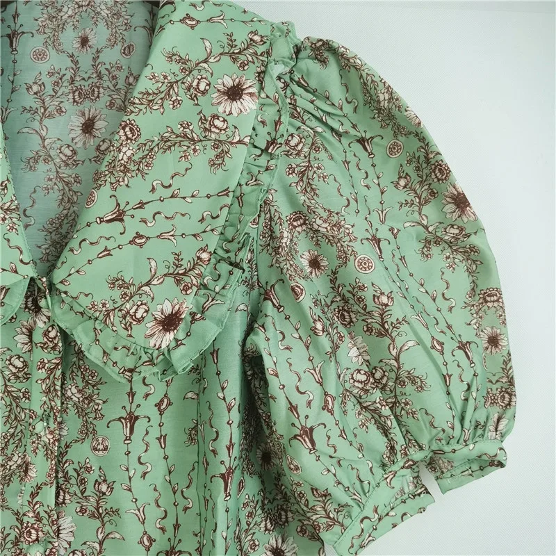 

Summer New Print Lapel Puff Sleeve Dress Women