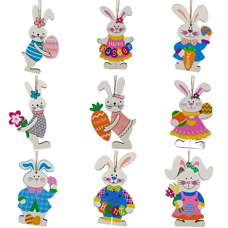 

Happy Easter Rabbit Eggs Wooden Craft Easter Decorations Home Party DIY Wood Chips Hanging Ornaments Natural Handcraft Navidad
