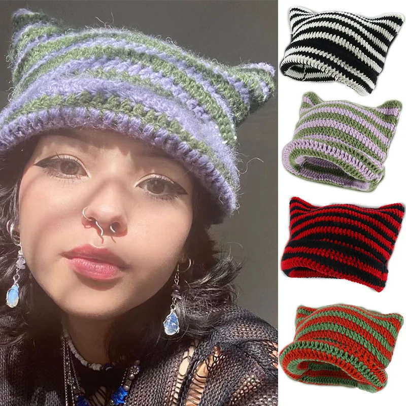 Striped Beanie with Cat Ear Women Contrast Cute Devil Horns Hat Girls Handmade Crochet Winter Warm Ski Cap For Halloween Gift