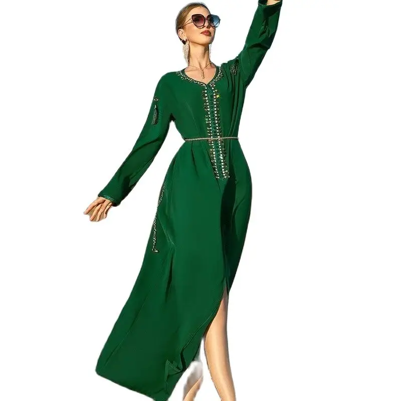 

Hand-stitched Diamond Maxi Dress Women Loose Ethnic Green Middle East Dubai Morocco Caftan Light Luxury Abaya Tassel