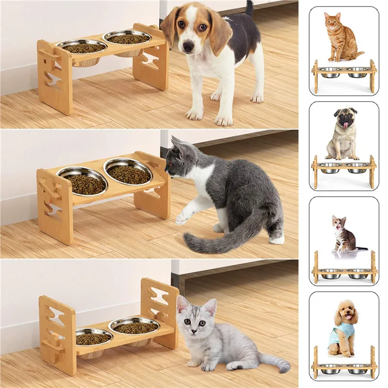 

Подставка-Кормушка для кошек среднего размера, приподнятая миска для маленьких щенков, регулируемая подставка из бамбука, для собак, кролик...