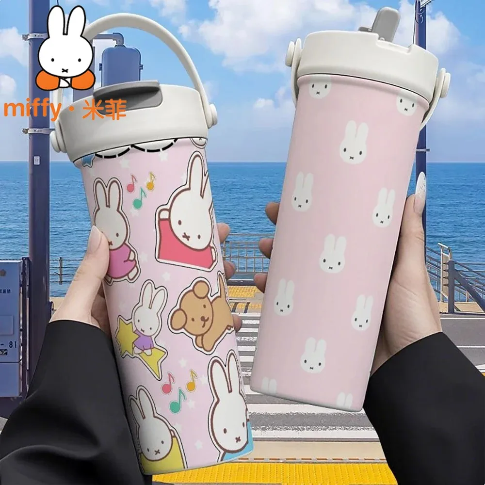 Фото Термос-кружка Miffy Rabbit с двумя соломинками, большой емкости, портативная, для кофе и чая, для офиса и улицы №1