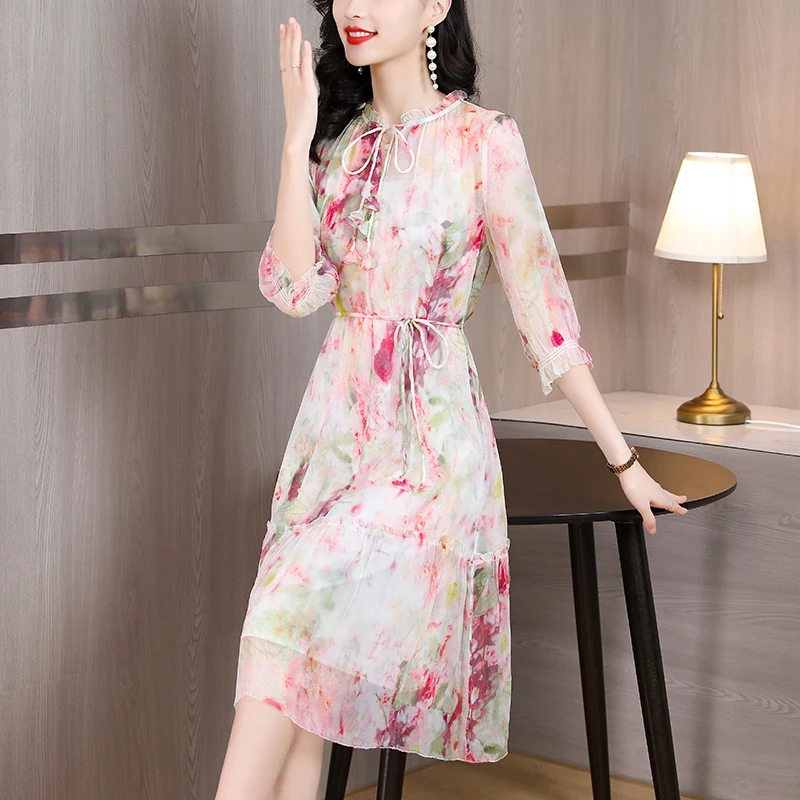 

Silk Pink Flower Print Dress Long-Sleeved Spring Dress Women's 2023 New French Floral Mulberry Silk Waist Lace Up Dress