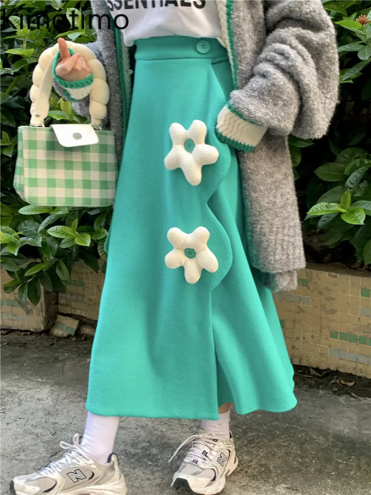 

Kimotimo Kawaii Skirts Women Korean Fashion Three-dimensional Flower High Waist A Line Irregular Long Skirt Spring Sweet Clothes