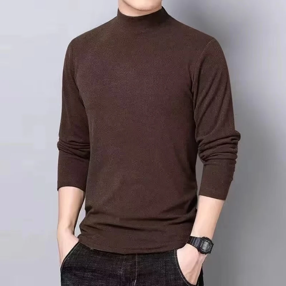 Men Half Turtleneck Thermal Shirt Solid Color Elastic Double Sided Fleece Top Solid Long Sleeved Self-heating Bottoming Shirt